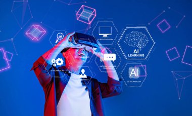 Sanal gerçeklik teknolojisiyle uğraşan bir insan, yapay zeka yeniliklerini araştırırken, insan yaratıcılığının ve makine zekasının kesişimlerini gösterir. XDMCP