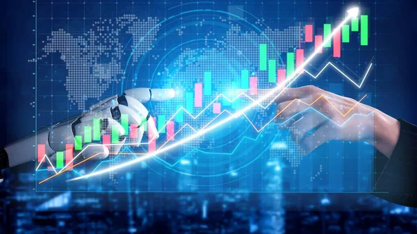 Dijital finans ve piyasa analizinde takım çalışmasının vurgulandığı, insan eliyle robot parmak arasındaki etkileşimi gösteren büyüleyici bir görüntü. Copula