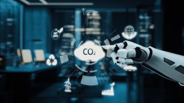 Gelecekçi bir robot eli, sürdürülebilirlik ve enerji verimliliğindeki yeniliği vurgulayan çeşitli yeşil teknoloji simgelerinin yer aldığı bir CO2 emisyon kontrol arayüzü ile etkileşim halindedir. Auvana