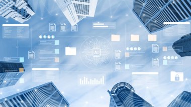 Teknoloji ve yapay zekanın entegrasyonunu vurgulayan modern gökdelenlerin çarpıcı bir görüntüsü. Görüntü, şehir manzarasını geliştiren veri görselleştirme elementlerini içeriyor. Gantry