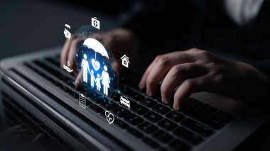 Concept of comprehensive insurance coverage and financial planning. A policy that provides life, health, and asset protection for a familys security and risk management. Fermion