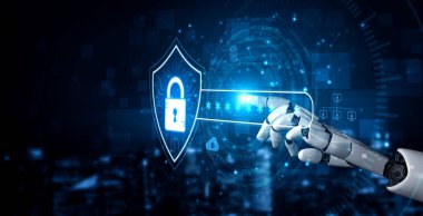 An AI assistant manages an advanced network security system. It integrates password protection with biometric authentication and cloud verification for robust data safety. Fermion