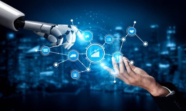 Bir robot el, dijital simgeler ve büyüme grafikleriyle insan eliyle insan yaratıcılığı arasındaki ortaklığı sembolize eden bir insan eline uzanıyor. Tessel