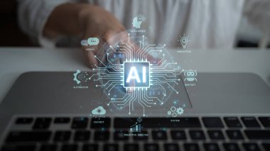 Concept of an enterprise Artificial Intelligence solution. A central processor powers machine learning for business automation, innovation, and intelligent data analysis. Fermion