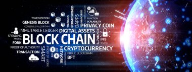 Bu resim, dijital varlıkların ve kripto para biriminin unsurlarıyla birlikte yüksek teknolojili bir engelleme zinciri konseptini gösteriyor, finans ve teknoloji entegrasyonunun geleceğini gösteriyor. Tessel