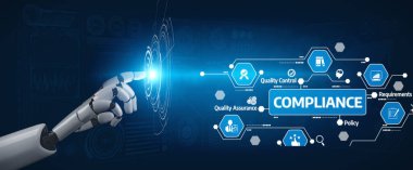 Modern bir arayüzde kalite kontrol ve güvence sembolleri ile çevrili, uyumluluğu temsil eden parlak bir ikona dokunmak için uzanan robotik bir el. Tessel