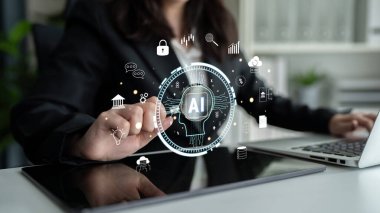 The role of AI in FinTech and modern business. A concept of using artificial intelligence for banking, investment, and data analysis solutions. Motif