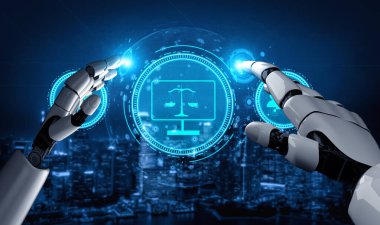 AI for data privacy protection and cyber law regulation. A concept of digital justice, user rights, and security policy with AI information protection. Motif