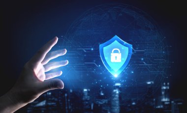 Digital security shield providing network protection and data privacy. This represents a firewall or antivirus system safeguarding against cyber threats, ensuring total safety. Fermion