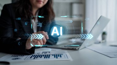 Concept of advanced Artificial Intelligence technology. A futuristic heads-up display shows the core system processing data, representing machine learning and complex analysis. Fermion