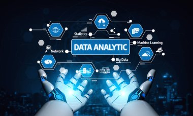 Veri analizlerinin büyüleyici bir temsili robot ellerle gösterilen teknoloji simgelerini gösteriyor. Görüntü yenilik, büyük veri ve makine öğrenme temalarını somutlaştırır. Tessel