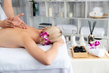 Kafkasyalı kadın müşteri stres önleyici spa masajının keyfini çıkarıyor ve lüks otel ya da oteldeki gündüz açık ortam güzellik salonunda güzellik teniyle eğleniyor. Sessiz.