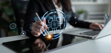 Kuantum bilgisayar işlemcisi ve gelecekteki teknoloji. Bir kuantum bilgisayarının mimarisi yüksek performanslı hesaplamada bir devrimi temsil eder. Motif