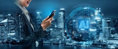 An enterprise AI platform concept. The central processor integrates with business solutions like cloud computing, security, and process automation for corporate growth and innovation. Fermion