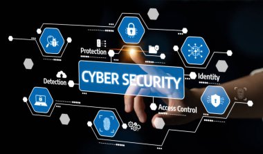 Modern bir dijital ortamda koruma, tespit, kimlik ve erişim kontrolüyle ilgili çeşitli simgeleri içeren siber güvenlik kavramlarının görsel bir temsili. Tessel