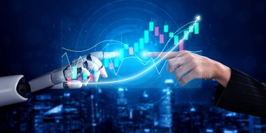 Bir insan eli ve birbirine doğru uzanan robot bir el teknoloji ve finans arasındaki işbirliğini sembolize ediyor. Dijital grafikler büyümeyi ve iş dünyasındaki gelecekteki eğilimleri tanımlıyor. Etki