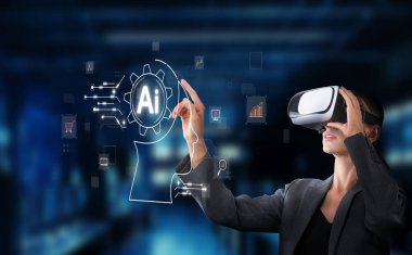 Genç bir profesyonel, teknolojide yenilikçi veri analizi ve dijital çözümleri gösteren yapay zeka arayüzü ile etkileşime geçerek sanal gerçeklik ortamını keşfeder. XDMCP