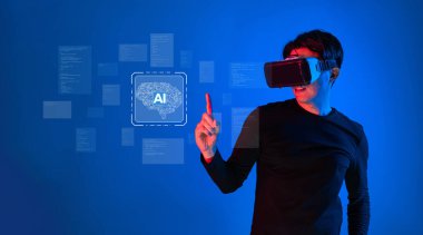 Sanal gerçeklikte yapay zekanın çığır açan etkisini keşfedin. Bu resim yapay zeka teknolojileri ve kodlama yenilikleri ile etkileşen bir kullanıcıyı gösteriyor. XDMCP