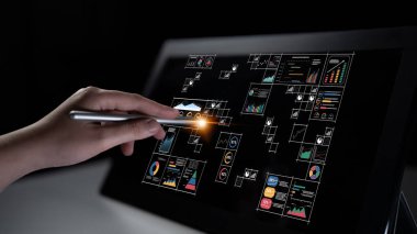 A big data visualization and business analytics dashboard grid. A complex collection of charts and graphs for comprehensive company reporting. Motif