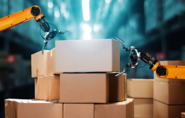 Yenilikçi depo ve fabrika dijital teknolojisi için akıllı robot kol sistemi. İnternet ağına bağlı IOT yazılımı kullanarak endüstri mühendisliği tarafından kontrol edilen otomasyon üretim robotu .