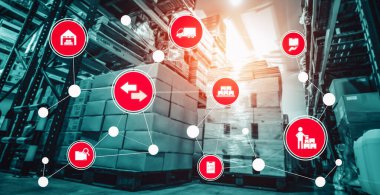 Paket toplama ve teslimatı tanımlamak için teknolojinin yenilikçi interneti olan akıllı depo yönetim sistemi. Gelecekteki tedarik zinciri ve lojistik ağ işi kavramı .