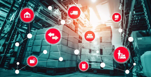 Paket toplama ve teslimatı tanımlamak için teknolojinin yenilikçi interneti olan akıllı depo yönetim sistemi. Gelecekteki tedarik zinciri ve lojistik ağ işi kavramı .