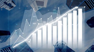 Dinamik iş büyüme grafiği şehir gökdelenlerinin bir zeminine, veri eğilimlerinin sergilenmesine, görsel analizlere ve kurumsal dünya için finansal başarı kavramlarına karşıdır. Copula