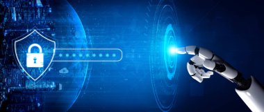 An AI assistant manages an advanced network security system. It integrates password protection with biometric authentication and cloud verification for robust data safety. Fermion