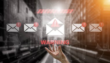 Dijital ortamda uyarılarla işaretlenmiş yüzen e-posta ikonlarına uzanan bir el, siber güvenliğin ve potansiyel tehditlerin bilincinin önemini vurguluyor. Gantry