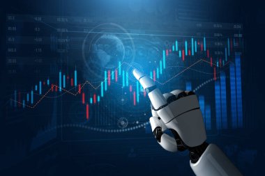 Bir robotik el dijital borsa grafiği ile etkileşime girer, gelişmiş teknoloji ve analitik ticareti sergiler. Finansal ve teknolojik temalar için mükemmel. Kafa derisi