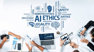 Bu resim yapay zeka etiği ile ilgili hayati tartışmaları kapsamaktadır ve gelişmekte olan teknolojide yönetim, güven, güvenlik ve toplumsal etki gibi önemli konuları vurgulamaktadır. Dostluk