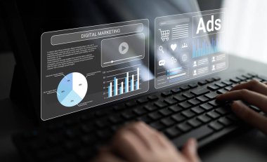 Ticari başarı için veri güdümlü stratejileri vurgulayarak, analitik ve dizüstü bilgisayar ekranında gösterilen reklamların yer aldığı dijital bir pazarlama sahnesini keşfedin. Gantry