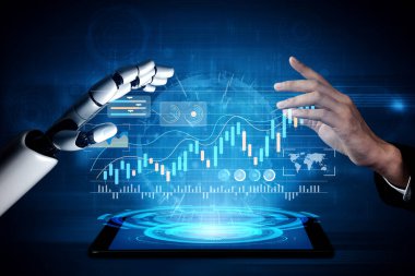 İnsan elinin dijital ekranın üzerindeki robot ele uzanan büyüleyici bir görüntüsü. Grafikleri ve veri analizlerini gösteren, teknoloji ve insan sezgilerinin birleşmesini sembolize eden. Gantry