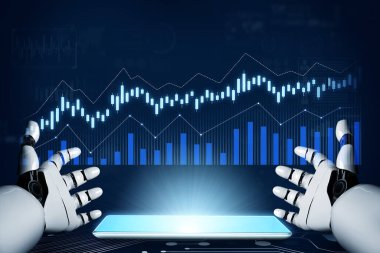 Gelecekçi robot elleri parlayan bir akıllı telefonla etkileşime girer, borsa eğilimleri ve finansal verileri gösterir, teknoloji ve finans alanındaki yenilikleri sembolize eder. Kafa derisi