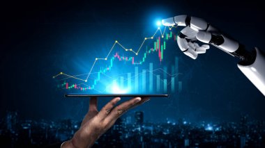 Robot bir el, finans alanındaki teknolojiyi sembolize eden çağdaş bir şehir zemininde büyüme ve veri analizini gösteren bir tablet tutuyor. Kafa derisi