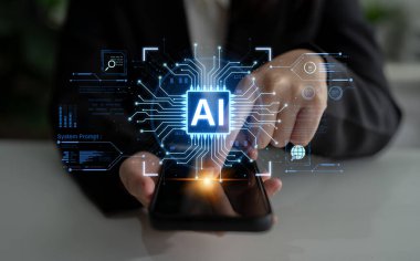 A futuristic AI core processor and system analytics dashboard. This concept highlights the raw processing power of AI for deep data analysis, system diagnostics, and global network monitoring. Fermion