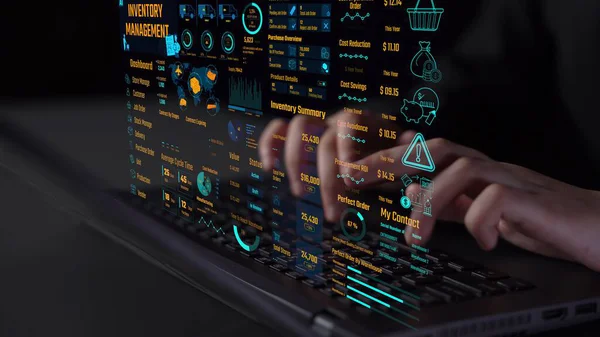 Envanter yönetimi torpido gözünde tedarik zinciri performansı, hisse değerleri, sipariş döngüsü zamanları, maliyet düşüşü ve tedarik ROI görülüyor. Envanter takibi ve depo verimliliği. Thunk