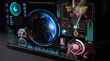 Dünya çapında dijital iletişimi, veri alışverişini ve internet bağlantısını gösteren yüksek teknolojili küresel ağ bağlantı arayüzü. Küresel bağlantı, veri etkileşimi ve dünya çapında iletişim. Thunk