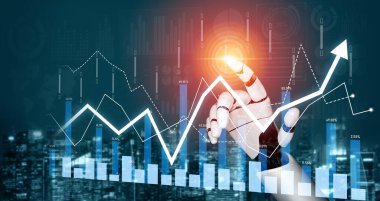Fütüristik bir robot el dijital arayüzde yükselen bir grafikle etkileşime geçerek, finans ve veri analizindeki teknolojik ilerlemeyi sembolize ediyor. Kafa derisi