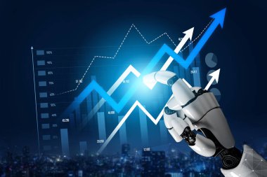 Bir robot el, piyasa eğilimleri ve performansını analiz etmede finans ve teknolojinin geleceğini sembolize eden dijital bir alanda büyüme istatistikleriyle etkileşim halindedir. Kafa derisi