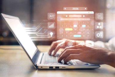 Yapay zeka, veri ve iş simgeleriyle çevrili 2026 takvim arayüzü zamanlamayı, planlamayı ve üretkenlik yönetimini temsil etmektedir.