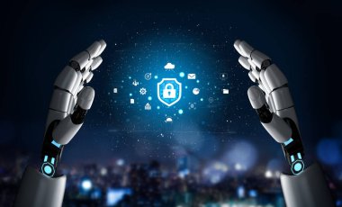 Gelecekçi robot eller dijital verileri şehir zemininde siber güvenlik simgeleriyle korurlar, modern ortamlarda teknoloji ve güvenliği temsil ederler Quark..