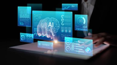 Yapay zeka analitik gereçleri, grafikler ve ses tanıma araçlarıyla çevrili nöral ağ beyin yapay zekası çekirdeği içeren kapsamlı bir yapay zeka izleme paneli. Yüksek teknoloji veri bilimi. Korpus