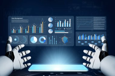 Robotik eller, karmaşık veri görselleştirmelerini gösteren, modern veri yönetimi için teknoloji ve analizlerin füzyonunu somutlaştıran bir dijital arayüzle bağlantı kurar. Gantry