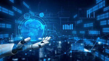 Fütürist bir robot el, modern çağda teknoloji ve küresel iletişimin birleştirilmesini sembolize ederek dijital verilerle çevrili parlayan bir küreye doğru uzanır. Xenic