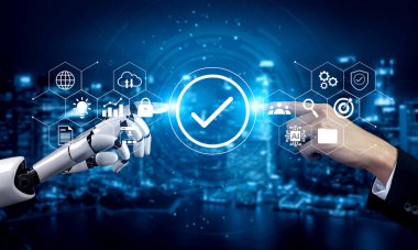 İnsan ve robot arasındaki dinamik etkileşimi keşfedin, modern şehir manzarasında gelişmiş teknoloji ve dijital çözümler sergileyin, yenilik ve bağlantıyı vurgulayın. Gantry