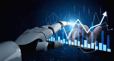 Bir robot el dijital finansal grafiklerle etkileşime geçmek için uzanıyor, modern finans çözümleri için veri analizi ve piyasa tahminlerinde ileri teknoloji sergiliyor. Kafa derisi