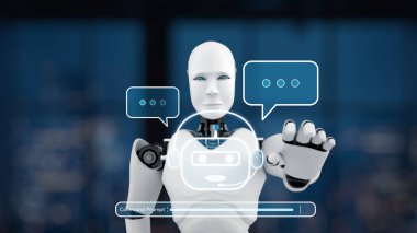 Bir insanımsı robot asistanı, modern bir ortamda gelişmiş teknoloji ve yenilik sunan sohbet baloncukları aracılığıyla kullanıcılarla iletişim kuruyor. Sinaps