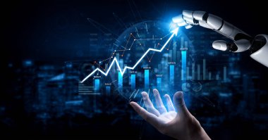 Veri analizi ve büyüme göstergeleriyle teknoloji ve finansmanın kesişimini gösteren ışıltılı bir grafiğe uzanan robotik elin büyüleyici bir görüntüsü. Kafa derisi