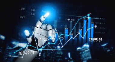 Robotik bir el, teknoloji ve finans kaynaşmasını sembolize eden ve veri analizi ve yatırım fırsatlarındaki eğilimleri gösteren canlı finansal grafiklerle etkileşim halindedir. Kafa derisi